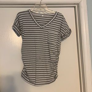 Gray and white striped, maternity shirt, short sleeves, v-neck, rolled sleeves M